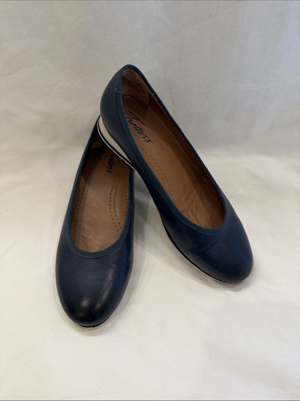Trotters Navy Leather Ballet Flat with White Accent